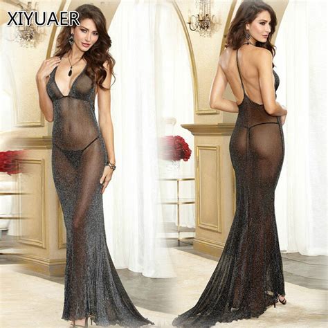 Sexy Fashion Black Lace Mesh Perspective Long Party Dress Deep V Neck Sleeveless Slim See