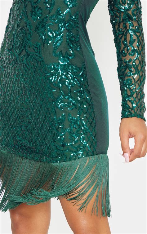 Emerald Green Sequin Long Sleeve Tassel Dress Prettylittlething Usa