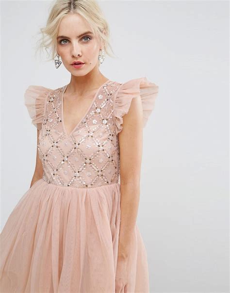 asos pretty embellished tulle mini dress in pink lyst