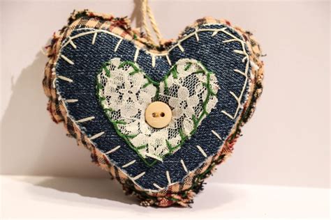 Christmas Tree Ornament Country Christmas Denim Plaid Lace Heart