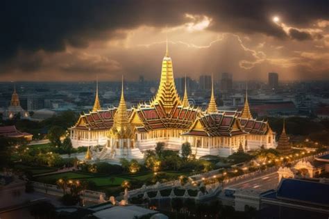 Wat Phra Kaew Bangkok Thailand Storm Thunder Clouds Temple At Night