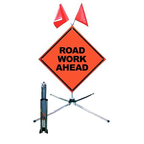 48 Superbright Fold And Roll Road Work Ahead Sign With Collapsible Stand