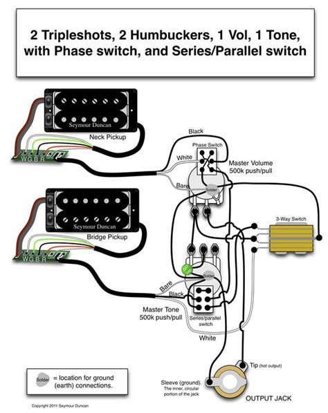 Dual humbucker w 1 vol and 1 tone. Seymour Duncan wiring diagram - 2 Triple Shots, 2 Humbuckers, 1 Vol with Phase switch, 1 Tone ...