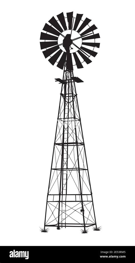 Detailed Black Vector Windmill Illustration On White Background Stock