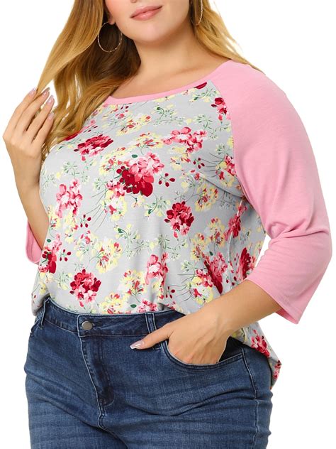 Unique Bargains Women S Plus Size Floral Scoop Neck 3 4 Raglan Sleeves T Shirt Pink 1x