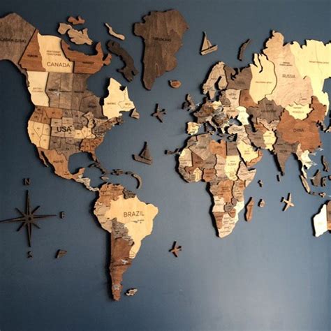 Wooden World Map Wall Art Rustic Wall Decor Push Pin Travel Etsy