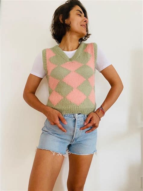 Checkered Knit Sweater Vest Handmade Knitted Vest Etsy