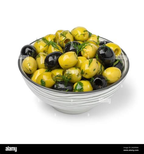 Bowl With Green And Black Pitted Olives Seasoned With Fresh Herbs