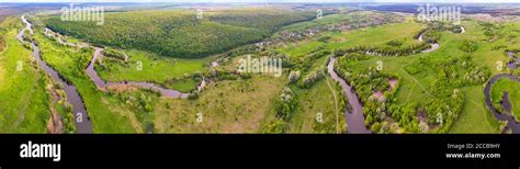 Aerial Drone Landscape Of River In Green Field Top View Of Beautiful