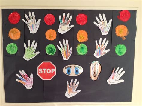 Road Safety Theme Stop Look And Listen Holding Hands And Traffic Lig