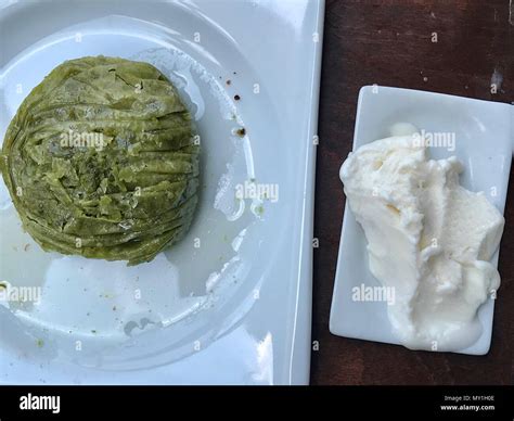 Turkish Dessert Pistachio Roll With Ice Cream Served At Restaurant