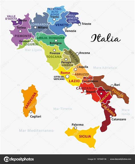 Beautiful Colorful Map Italy Italian Regions Capitals Important Cities