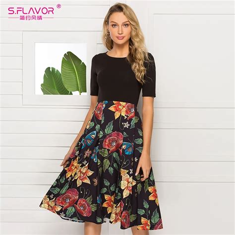S Flavor 2019 New Arrival Women Patchwork A Line Dress Short Sleeve O Neck Elegant Summer Dress