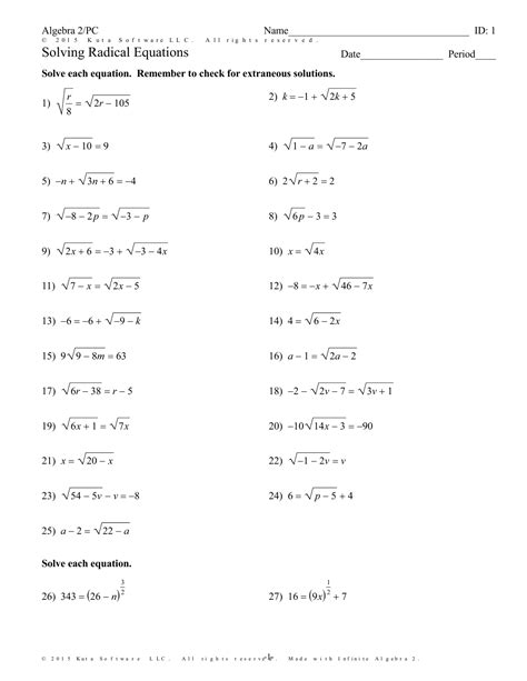 Solving Radical Equations Worksheet Answer Key Algebra 2 | Worksheets