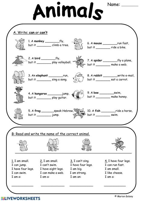 Animals Can Cant Interactive Worksheet English Lessons For Kids