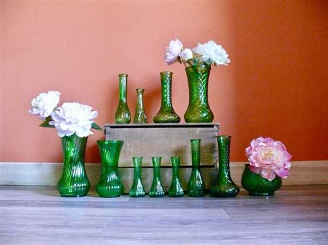 13 Assorted Set Green Glass Vases Vintage Emerald Green Glass Etsy