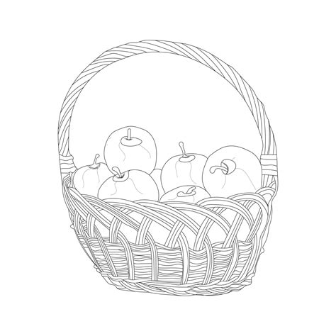 Illustration Of The Basket Full Of Fruits In Line Art Mode Apple