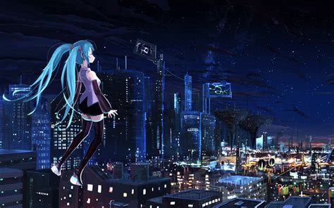 Download Wallpapers 4k Hatsune Miku Night Manga Fly Vocaloid For