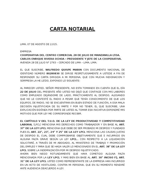 Carta Notarial Despido Injustificado 1 Pdf