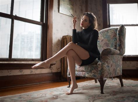 Wallpaper Women Px Barefoot Legs Sitting Smoking Dress Chair Fashion Kyle Cong