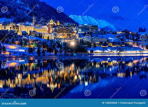 View Of St Moritz In Switzerland At Night In Winter Stock Photo
