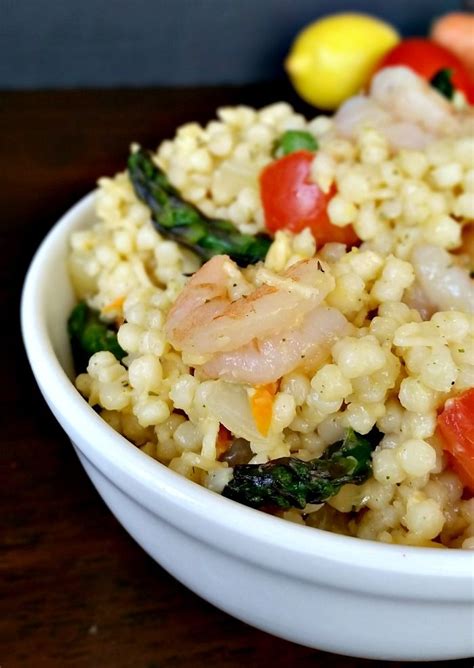 Good way to use our crop of summer tomatoes. Shrimp & Asparagus with Garlic & Parsley Pearl Couscous ...