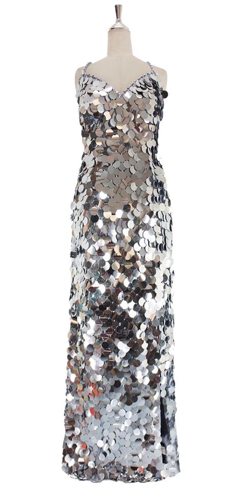 A Long Handmade Sequin Dress In Paillette Metallic Silver Sequins