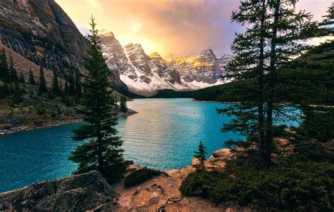 Обои деревья горы озеро ели Канада Альберта Banff National Park