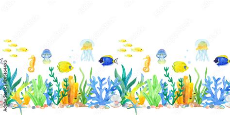 Marine Underwater Border Watercolor A Seamless Pattern With Fish