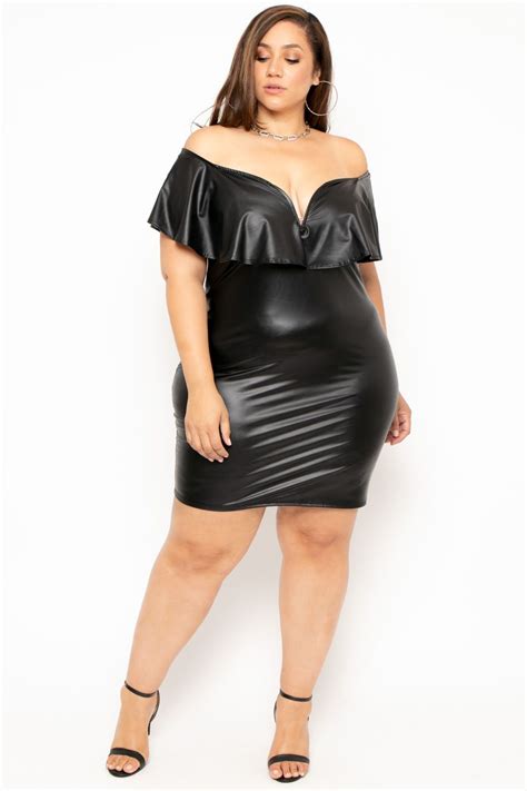 Plus Size Faux Leather Frill Bodycon Dress Black Plus Size Outfits Black Bodycon Dress