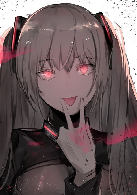 An Anime Character With Red Eyes And Long Hair Holding Her Finger Up