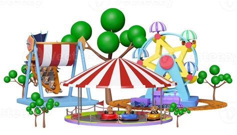 3d amusement park concept with electric bump car, teddy bear viking