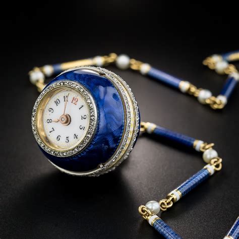 French Guilloche Enamel Diamond Ball Watch Necklace Vintage Watches