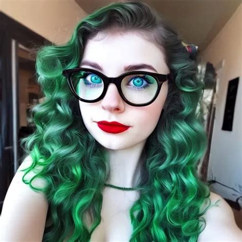 Cute Girl Green Hair Wavy Hair Black Glasses Openart