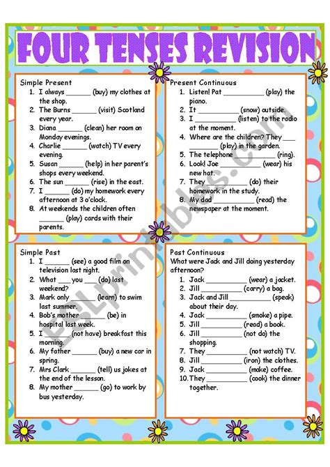 English Worksheet Four Tenses Review Present Simple Present My XXX