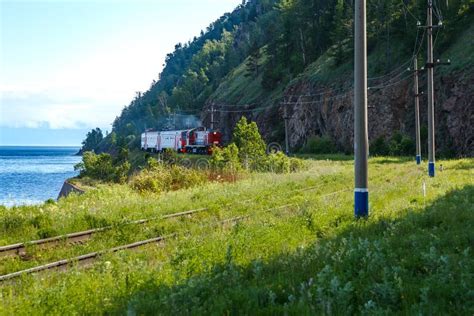 Locomotive On The Circum Baikal Railway Near Lake Baikal In Eastern