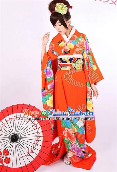 Japanese Traditional Handmade Printing Peony Furisode Kimono Dress Asian Japan Geisha Red Yukata
