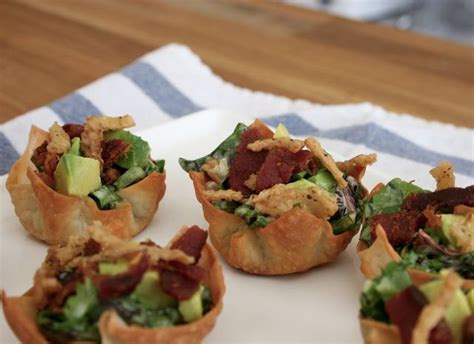 Drape 2 slices of pancetta over each muffin cup, overlapping to create a little cup. Mini Caesar Salad Cup Appetizer - With Bacon, Avocado, and ...