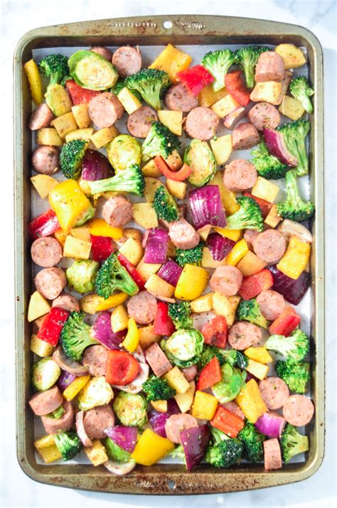 Chicken, andouille sausage and shrimp are a common trio. Sheet Pan Sausage and Veggies (Whole30 Paleo) • Tastythin (With images) | Chicken sausage ...