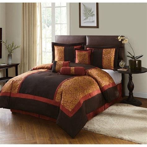 Full Queen Cal King Brown Rust Orange Floral Stripe 7 Pc Comforter Set