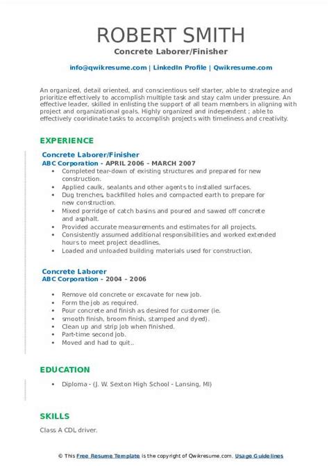 Concrete Laborer Resume Samples | QwikResume