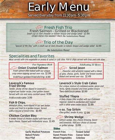 Leverock's Great Seafood menu in St. Petersburg, Florida, USA