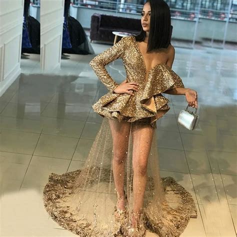 Sexy Gold Sequins Prom Gowns Single Long Sleeves Ruffles Tulle Appliques Sheer Women Party