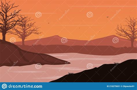 A Beautiful Mountain View At Dusk From The Riverbank Vector