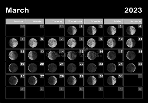 Mars 2023 Lunaire Calendrier Lunaire Cycles Lune Illustration Stock