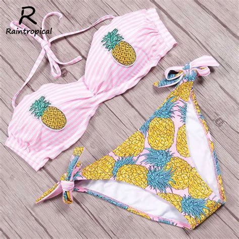 Raintropical 2019 Sexy High Neck Halter Floral Bikinis Women Swimsuit Bandage Swimwear Print