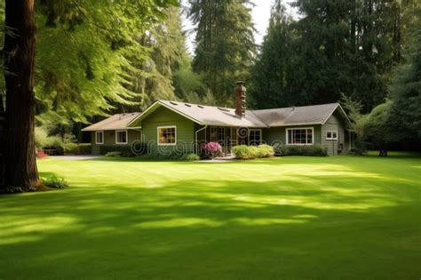 Ranch House With Lush Green Lawn Surrounded By Trees Stock Image
