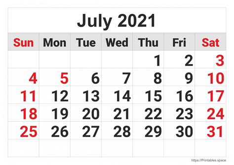 July 2021 Monthly Calendar Free Printables