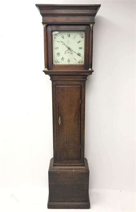 18th Century Oak Cottage Longcase Clock Projecting Cornice Of Square Hood With Column Piasters