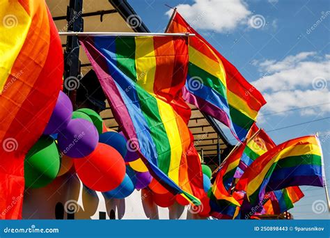 Many Waving Lgbt Gay Pride Flags At A Solidarity March Stock Image